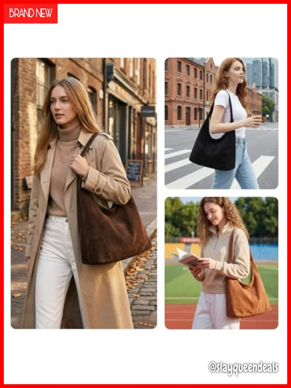 Faux Suede Slouchy Hobo Bag with Removable Pouch Women's Shoulder Purse